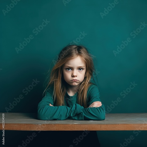 Teal background sad European white child realistic person portrait of young beautiful bad mood expression child Isolated on Background depression anxiety