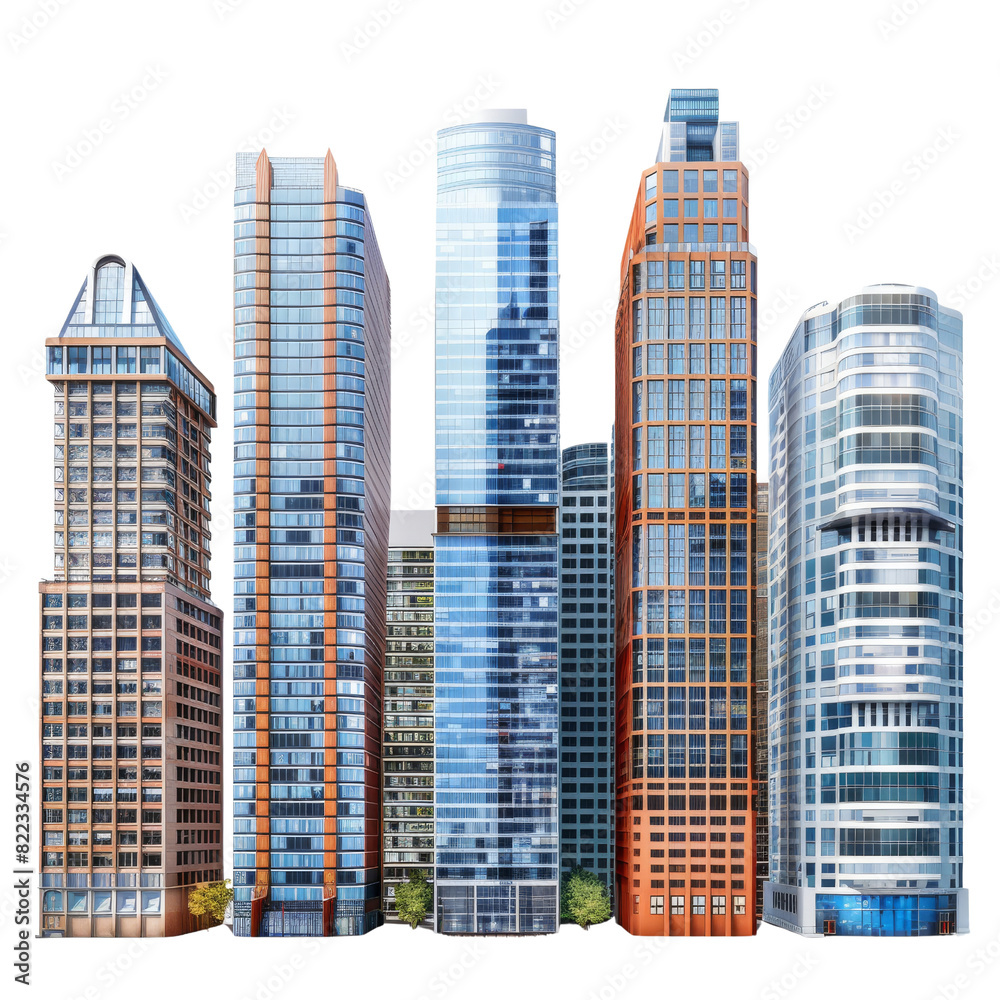 A cluster of tall buildings standing side by side in an urban setting A cluster of tall buildings standing side by side in an urban setting