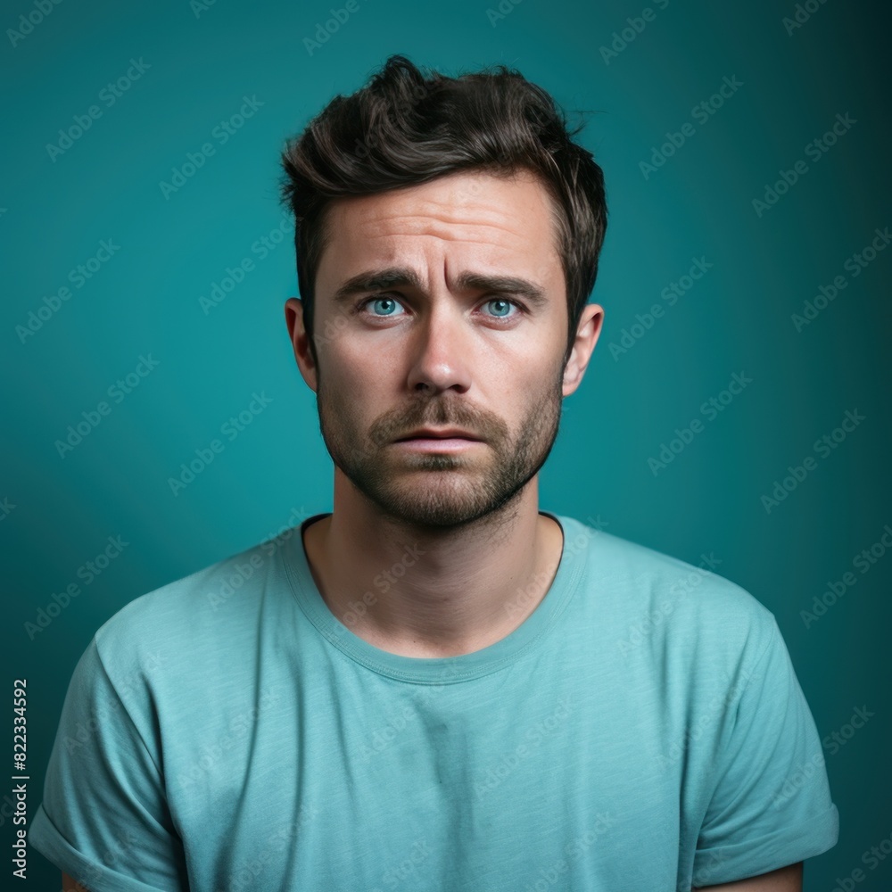 Teal background sad european white man realistic person portrait of young beautiful bad mood expression man Isolated on Background depression anxiety 