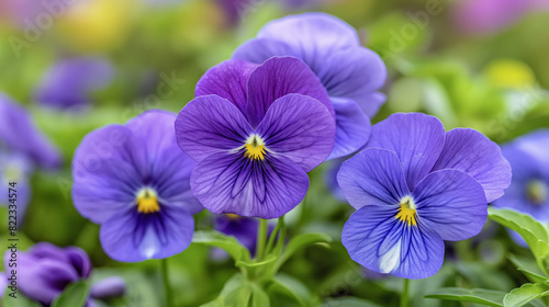 Vibrant purple pansies in full bloom, showcasing their detailed petals and the lush green leaves around them.