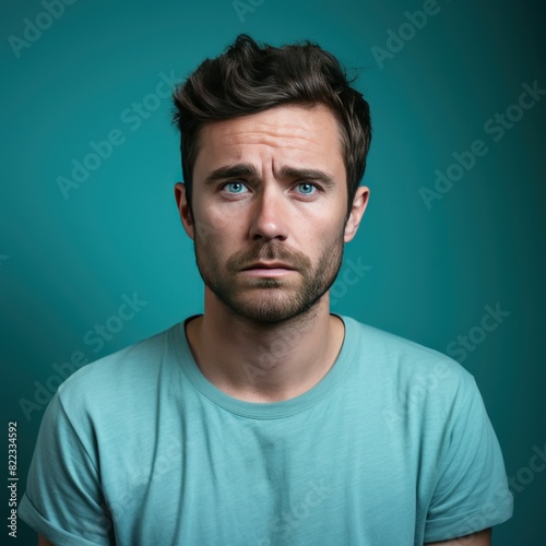 Teal background sad european white man realistic person portrait of young beautiful bad mood expression man Isolated on Background depression anxiety  © Zickert