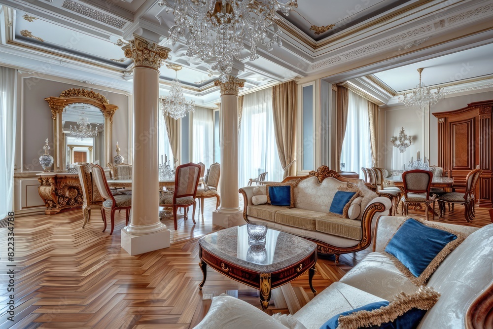 An elegant living room in classical style with ceiling molding, cornices and columns. Parquet flooring, solid wooden furniture upholstered in velvet. An elegant living room in classical style with ceiling molding, cornices and columns. Parquet flooring, solid wooden furniture upholstered in velvet.