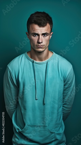 Teal background sad european white man realistic person portrait of young beautiful bad mood expression man Isolated on Background depression anxiety  © Zickert