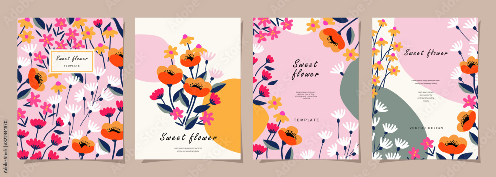 Floral template set for poster, card, cover, label, banner, background in modern minimalist style and simple summer design templates with flowers and plants.