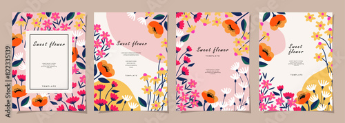 Floral template set for poster, card, cover, label, banner, background in modern minimalist style and simple summer design templates with flowers and plants.