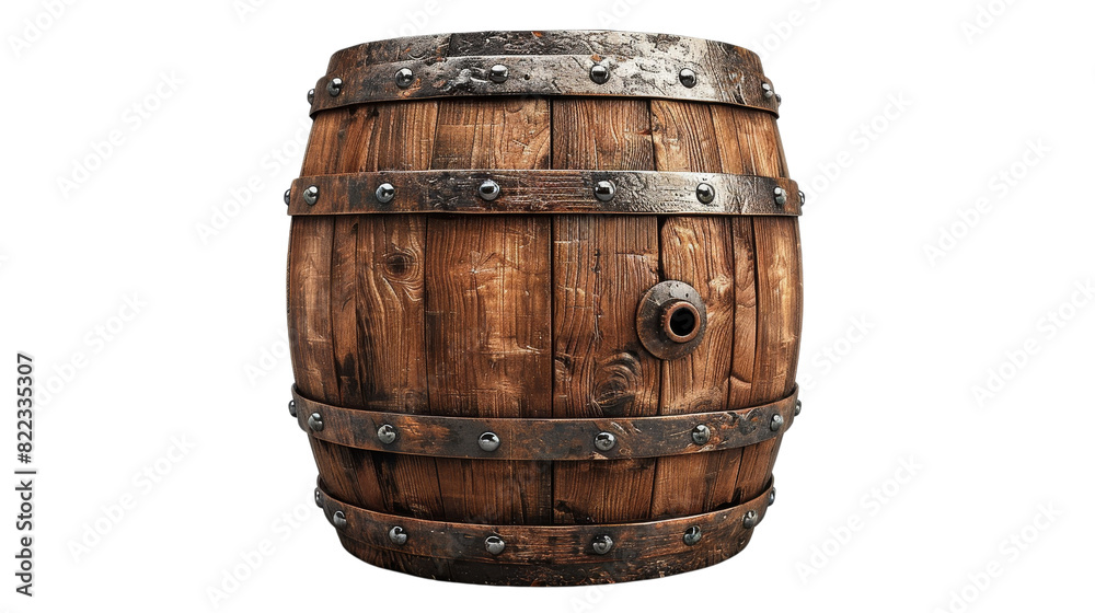 Obraz premium A wooden barrel featuring rivets and rivet holes on a transparent background