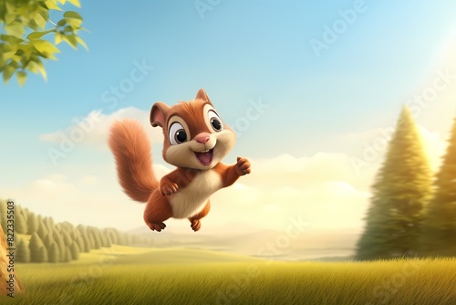 cute cartoon squirrel is jumping high in the air