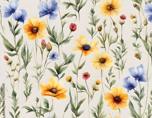 Beautiful floral summer seamless pattern with watercolor hand drawn field wild flowers. Stock illustration.