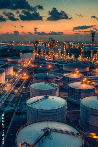 Industrial Oil Refinery at Twilight with Illuminated Storage Tanks and Piping