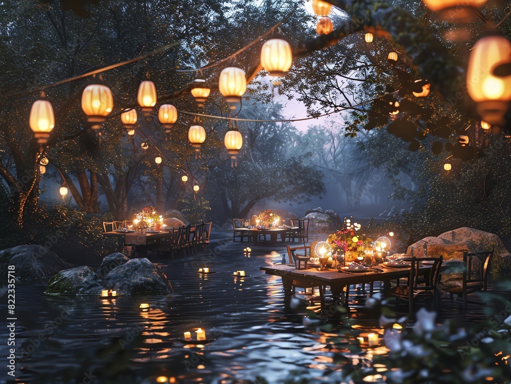 Obraz premium Romantic dinner tables set on a river with lanterns hanging from trees