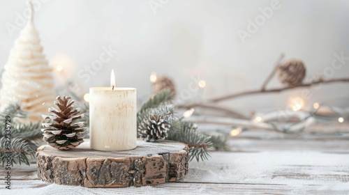 Chrsitmas Candle Wooden Decoration Table Rustic Cottagecore Minimalist Background Neutral White Social Media Web Design Post.