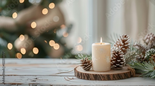 Chrsitmas Candle Wooden Decoration Table Rustic Cottagecore Minimalist Background Neutral White Social Media Web Design Post.