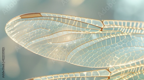 Close-up of a dragonfly wing, showcasing intricate veins and a delicate translucent texture. photo
