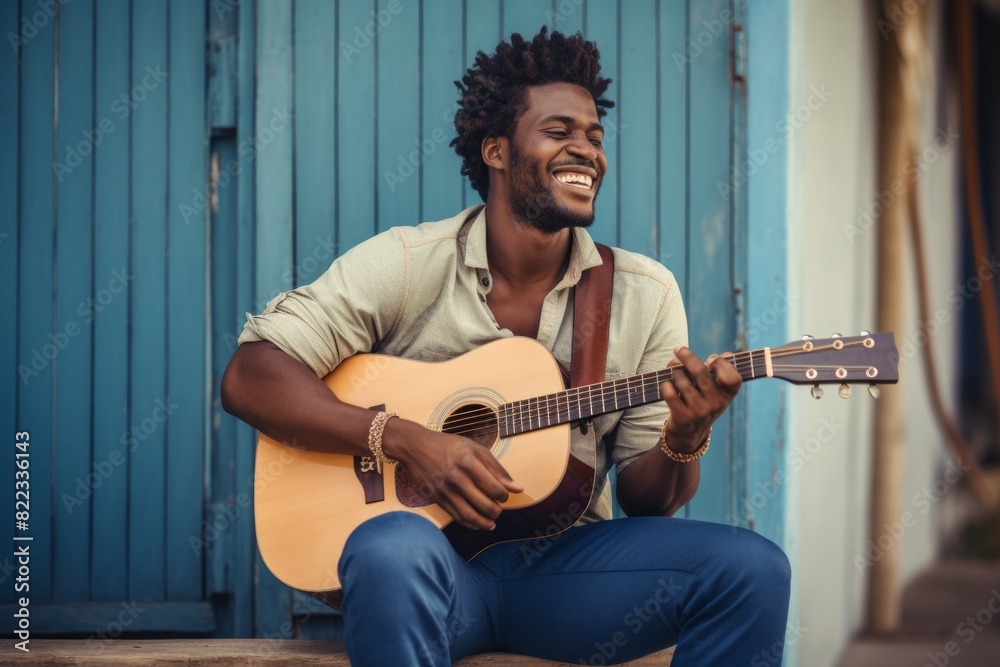 Obraz premium Portrait of a joyful afro-american man in his 20s playing the guitar while standing against stylized simple home office background