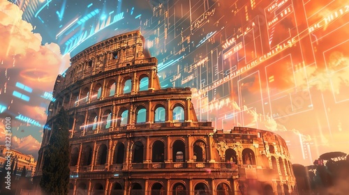 Colosseum with futuristic digital overlay, representing historical architecture merging with technology.