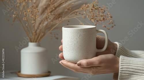Hands holding a plan white blank mug cup, beige neutral rustric cottagecore, product display for sublimation minimal minimalist design. photo