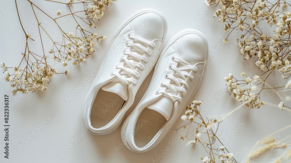 Plain Neutral Toned White Trainers Sneakers on Boho Minimalist Background, for Wellness Fitness Self Care Space, Minimal Aesthetic, Product Photography Plain Neutral Toned White Trainers Sneakers on Boho Minimalist Background, for Wellness Fitness Self Care Space, Minimal Aesthetic, Product Photography
