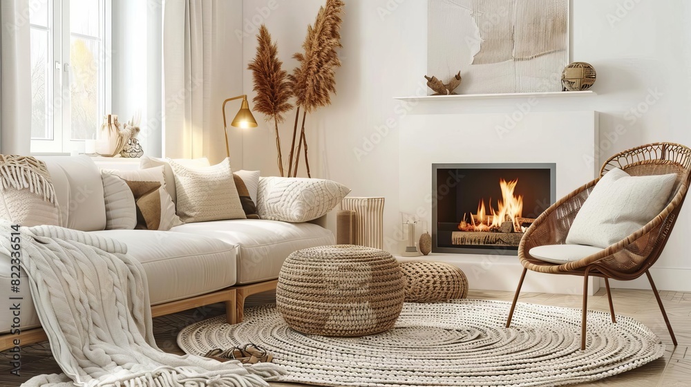 Obraz premium cozy scandinavian living room with rattan lounge chair wicker pouf and white sofa by fireplace embodying hygge interior design 3d rendering