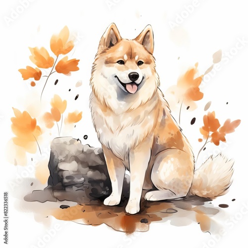 Cute watercolor illustration of a Shiba Inu dog sitting on a rock with autumn leaves in the background. photo