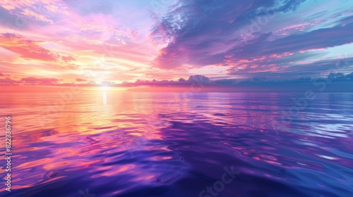 Spectacular abstract image of a scenic calm ocean  sunrise sky reflecting in the water. Sunset and natural. Digital art 3D illustration.