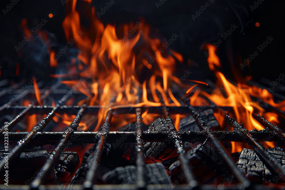 Hot empty portable barbecue grill with flaming fire and smoke