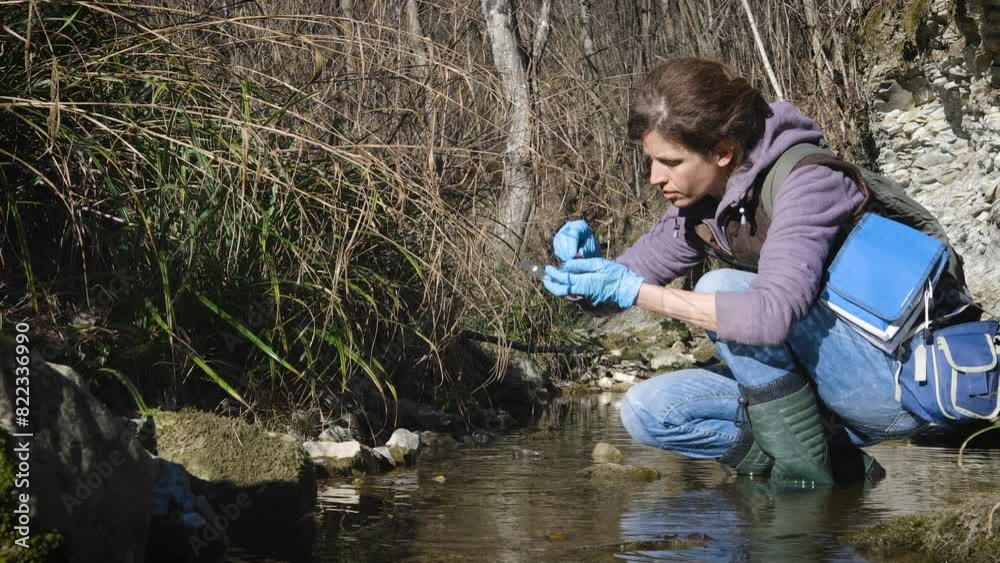 Female Caucasian Biologist Collecting Samples of Life in Water Streams on Field Near a Populated Area - Slovenia EU Female Caucasian Biologist Collecting Samples of Life in Water Streams on Field Near a Populated Area - Slovenia EU