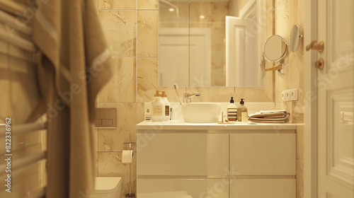 Elegant bathroom interior  detailed water heater  mirror  and sophisticated washbasin sink.