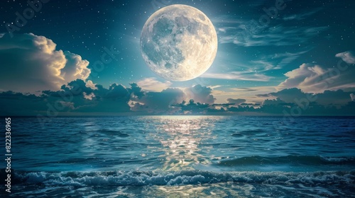 The full moon casts a shimmering light over the liquid surface of the ocean at night  creating a mesmerizing atmosphere with clouds and a clear sky