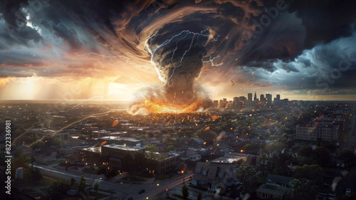 Tornado hurricane twister or cyclone storm, image whirlwind or wind. natural disaster concept. Tornado in city