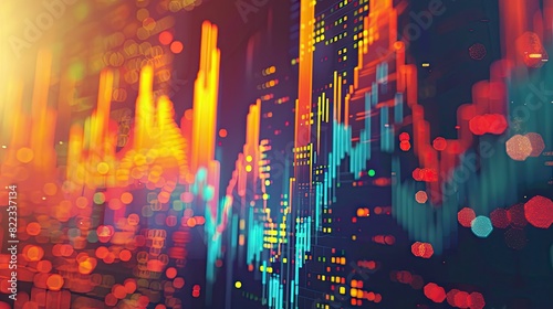 Vibrant stock market graph with colorful bar charts and data points representing financial analysis and market trends.