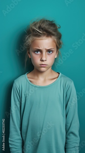 Turquoise background sad European white child realistic person portrait of young beautiful bad mood expression child Isolated on Background depression anxiety 