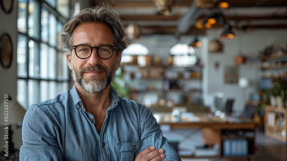happy male executive company owner corporate manager leader in office confident smiling business man professional coach wear glasses stand arms crossed staring at camera.photo illustration happy male executive company owner corporate manager leader in office confident smiling business man professional coach wear glasses stand arms crossed staring at camera.photo illustration
