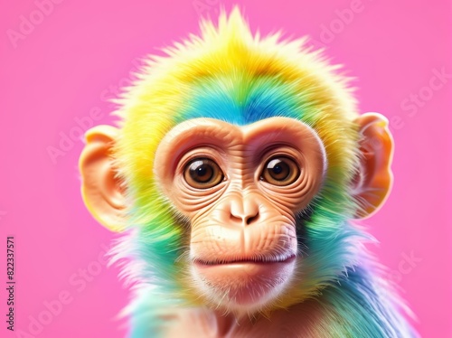 Cute monkey with colorful fur on pink background. © Neeranat