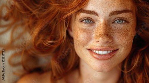 close up portrait of a smiling brunette model with long curly red hair and glamorous makeup.stock image © Claudine