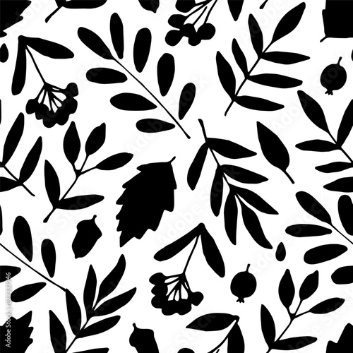 Simple floral vector seamless pattern. Black silhouette of leaves, branches, rowan berries on a white background. Autumn collection.