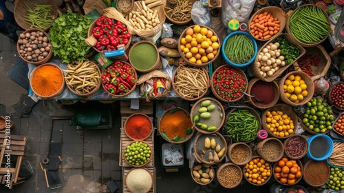 Fototapeta Naklejka Na Ścianę i Meble -  Overhead shot of a busy market displaying an array of colorful fruits, vegetables, and spices in various containers.