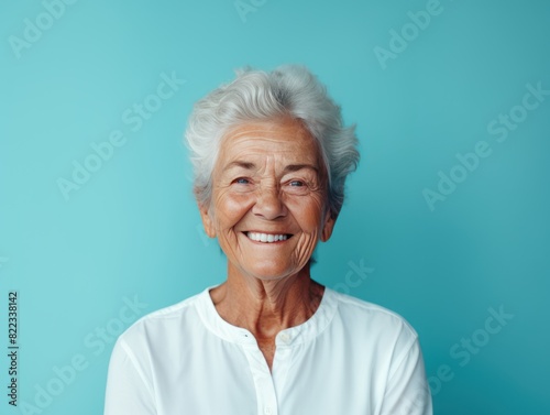 Turquoise background Happy european white Woman grandmother realistic person portrait of young beautiful Smiling Woman Isolated on Background