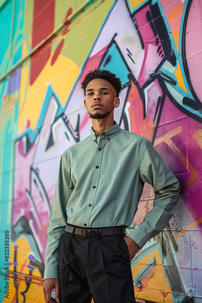 Young Man Posing in Front of Colorful Urban Graffiti Wall in Stylish Outfit Young Man Posing in Front of Colorful Urban Graffiti Wall in Stylish Outfit