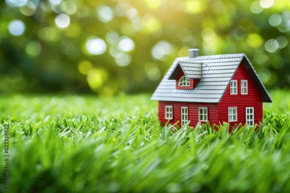A close up of a red house sitting in the middle of a lush green field, real estate concept A close up of a red house sitting in the middle of a lush green field, real estate concept