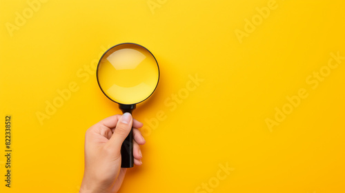 Hand holding magnifying glass on isolated yellow