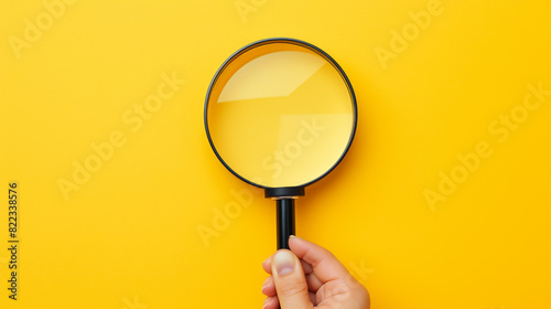 Hand holding magnifying glass on isolated yellow