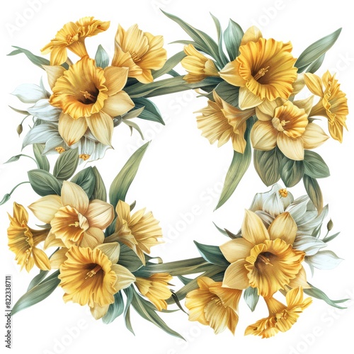 Vibrant Daffodil Wreath Illustration Featuring Lush Yellow Blooms and Green Foliage in a Circular Design for Spring and Seasonal Decor.