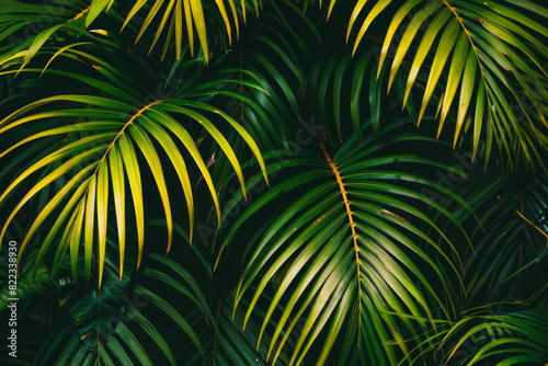 Lush Green Tropical Palm Leaves Full Frame Close Up with Vivid Natural Colors
