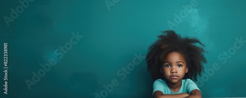 Turquoise background sad black American African child Portrait of young beautiful kid Isolated Background racism skin color depression anxiety fear burn out 