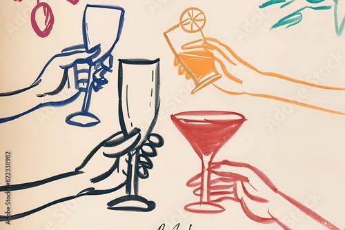 Hand drawn illustration of a group of people's hands holding different drinks at party