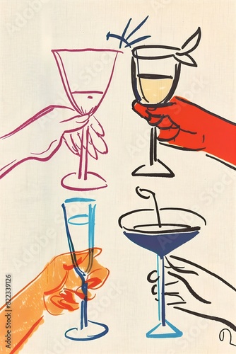Hand drawn illustration of a group of people's hands holding different drinks at party