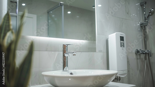 Polished bathroom interior  water heater beside mirror  gleaming washbasin sink detail.