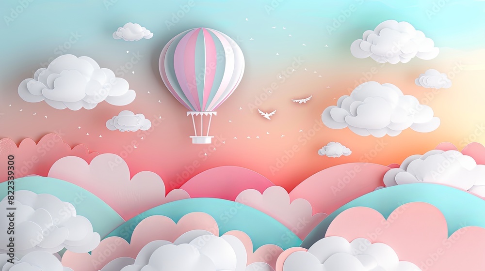 Obraz premium papercut background featuring layered clouds and a hot air balloon floating in a pastel-colored sky