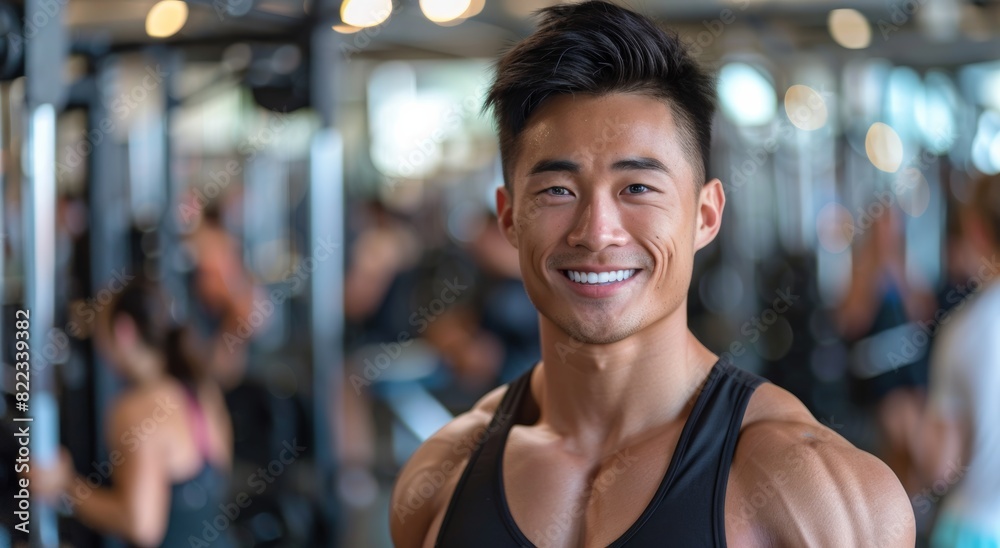 smiling portrait featuring a cheerful young male Asian fitness instructor in an indoor gym fitness center. His positive demeanor radiates enthusiasm and motivation. smiling portrait featuring a cheerful young male Asian fitness instructor in an indoor gym fitness center. His positive demeanor radiates enthusiasm and motivation.