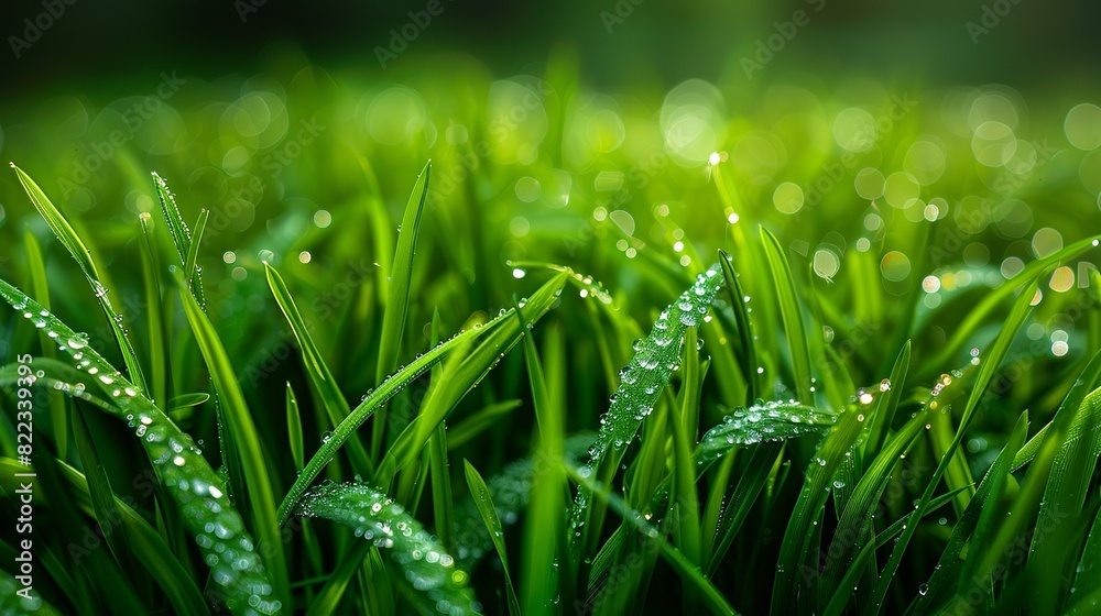 Obraz premium Texture background, Close-up of lush grass with dew drops, capturing the freshness and natural beauty, ideal for spring-themed designs and eco-friendly backgrounds. Illustration image,